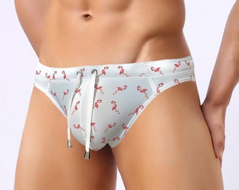 Men Swim trunks. Briefs. Bikini. Swimsuit. Flamingo Print. Drawstring