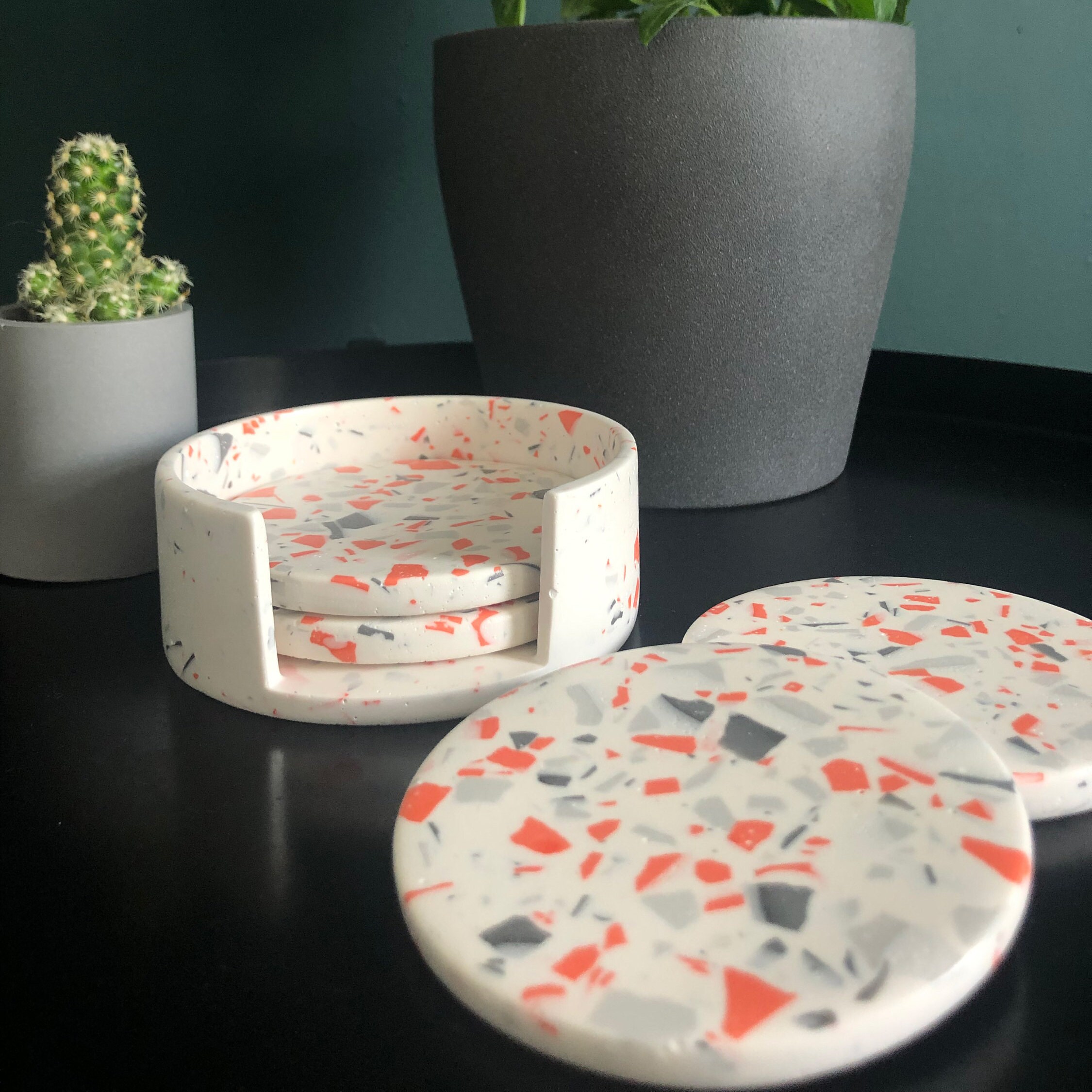 Jesmonite Terrazzo set of four Coasters with holder Etsy