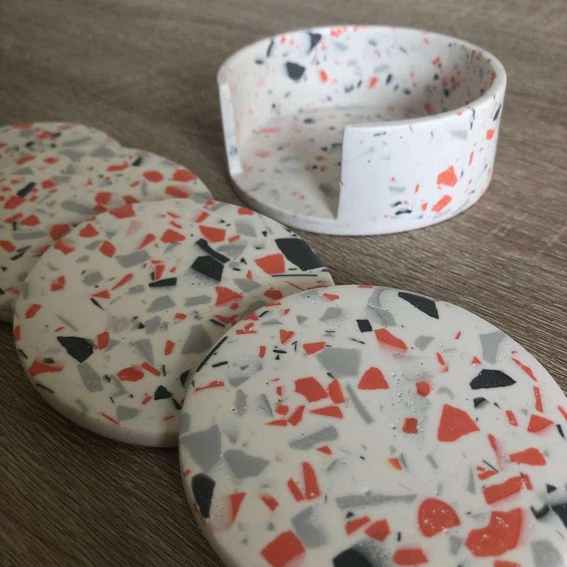 Jesmonite Terrazzo set of four Coasters with holder Etsy