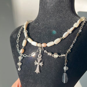 Celestial Necklace Gemstone Statement Jewelry, Beaded Choker, Freshwater Pearls Cross Pendant Fairy blessed beaded necklac image 2