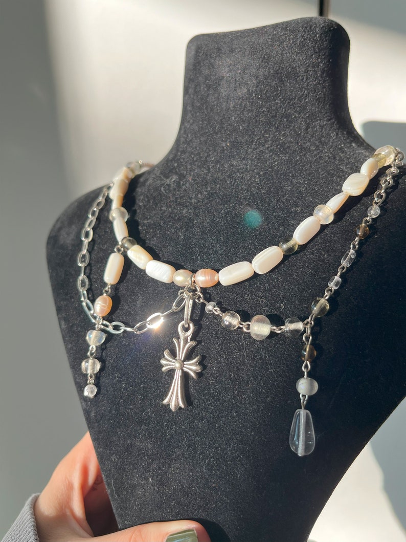 Celestial Necklace Gemstone Statement Jewelry, Beaded Choker, Freshwater Pearls Cross Pendant Fairy blessed beaded necklac image 2