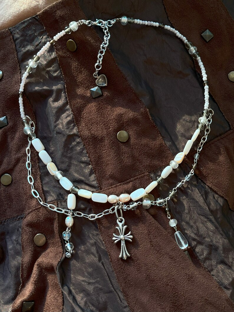 Celestial Necklace Gemstone Statement Jewelry, Beaded Choker, Freshwater Pearls Cross Pendant Fairy blessed beaded necklac image 6