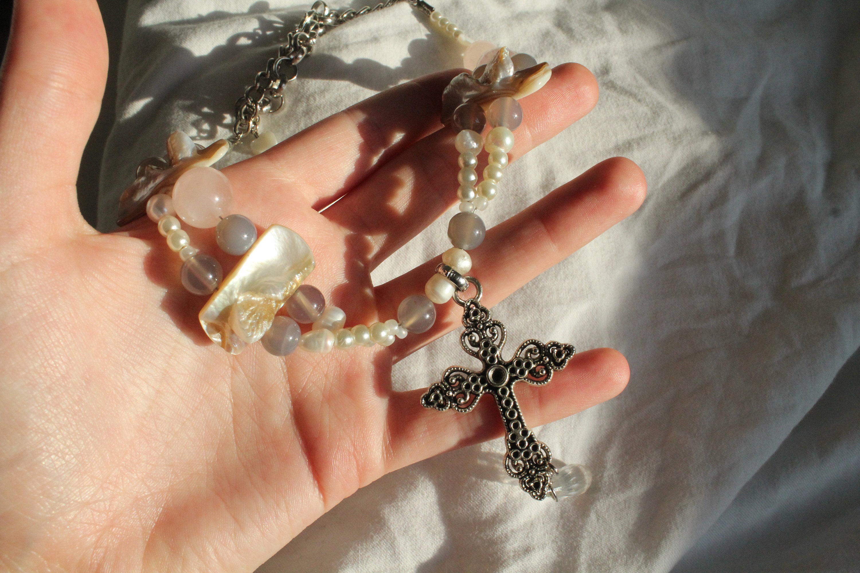 Elegant Pearl Necklace With Cross Charm Handcrafted Spiritual 