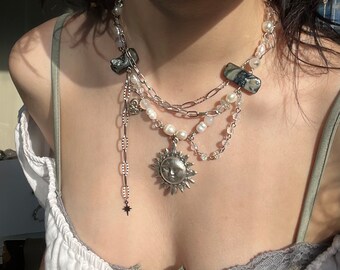 Dark Side Of The Sun Necklace, Silver Sun pendant and aesthetic cute soft vintage beaded necklace,