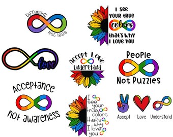 Neurodiversitet - Autism - Människor, inte pussel - Acceptans, inte medvetenhet - Acceptera kärlek, förstå - Rainbow Infinity - Digitala filer SVG och PNG