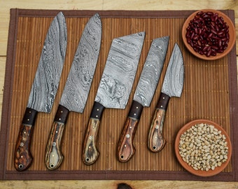 Custom Handmade Damascus Steel chef knife set of 5Pcs With Leather Cover, Damascus Chef knife set, Damascus Chef Knife, Kitchen Knife Set
