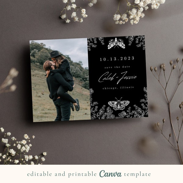 MOTH wedding save the date, dark wedding invitation template, edgy wedding invitation, black modern halloween wedding, gothic wedding