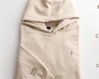 Custom Cross Embroidered Hoodie or Sweatshirt with Bible Verse Sleeve, Custom Embroidered Christian Sweatshirts