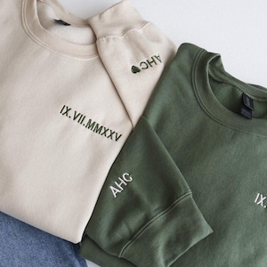 Anniversary Date Couples Sweatshirt, Personalized Embroidered Roman Numerals Sweatshirt, Gifts for Him, Couple Sleeve Initials Sweatshirt