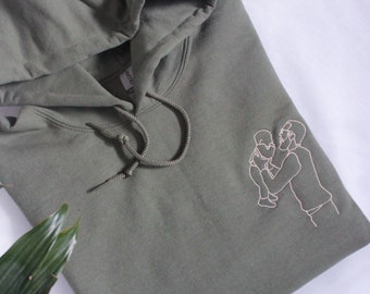 EMBROIDERED| Father Day Sweatshirt, Dad Hoodie - Personalized Gifts for Dad from Daughter or Son with Outline Portrait Photo Initial Sleeve