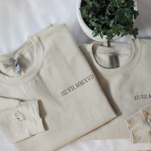 Custom Embroidered Roman Numeral Sweatshirt, Couples Gift Personalized Date and Initial Hoodie, Handmade Sweatshirt, Couples Sweatshirt Date