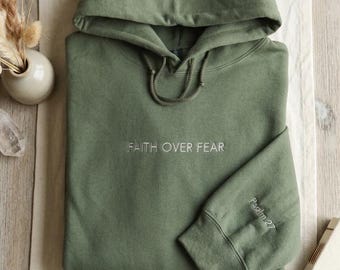 Embroidered Christian Hoodie — Faith Over Fear, Everyday Wear, Custom Verse on Sleeve