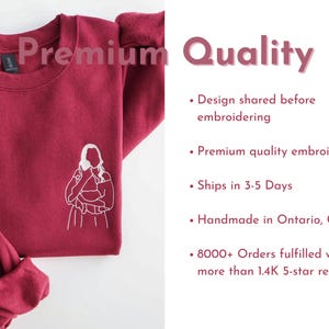 Puede incluir: Sudadera burdeos con un contorno bordado blanco de una persona sosteniendo a un beb&eacute;. El texto "Premium Quality" est&aacute; en la parte superior. El texto adicional incluye "Design shared before embroidering" y "Premium quality embroidery."