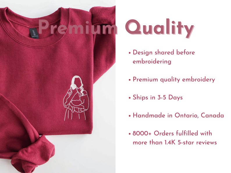 Puede incluir: Sudadera burdeos con un contorno bordado blanco de una persona sosteniendo a un beb&eacute;. El texto "Premium Quality" est&aacute; en la parte superior. El texto adicional incluye "Design shared before embroidering" y "Premium quality embroidery."