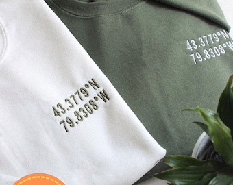 Coordinates Embroidered Sweatshirt, Custom Location Coordinates Embroidered Sweatshirt, Embroidered GPS Coordinates, Gift For Couples