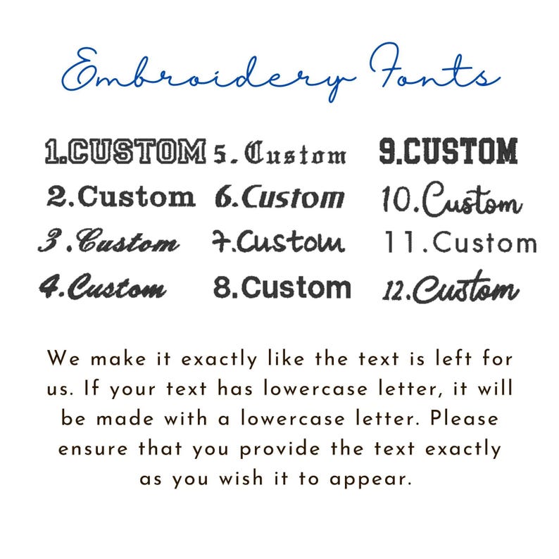 K&ouml;nnte beinhalten: Bild mit verschiedenen Stickschriftarten, nummeriert von 1 bis 12, mit dem Wort "Custom" in verschiedenen Stilen. Der Text erkl&auml;rt, wie der Text genau so gestickt wird, wie er angegeben wurde, einschlie&szlig;lich Kleinbuchstaben.