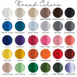 May include: A color chart displaying various thread colors, including white, black, and shades of blue, pink, and green. The text "Thread Colors" is at the top. Each color is labeled with its name, such as "Royal Blue" and "Hot Pink."