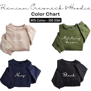 Puede incluir: Carta de colores de sudaderas de cuello redondo en cuatro colores: arena, verde militar, azul marino y negro. Cada sudadera doblada est&aacute; etiquetada con el nombre de su color en cursiva. Tambi&eacute;n se muestra el texto "Premium Crewneck & Hoodie" y "80% Cotton - 350 GSM".