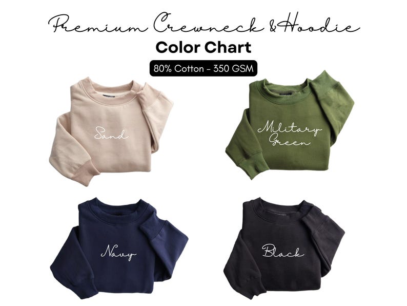 Puede incluir: Carta de colores de sudaderas de cuello redondo en cuatro colores: arena, verde militar, azul marino y negro. Cada sudadera doblada est&aacute; etiquetada con el nombre de su color en cursiva. Tambi&eacute;n se muestra el texto "Premium Crewneck & Hoodie" y "80% Cotton - 350 GSM".