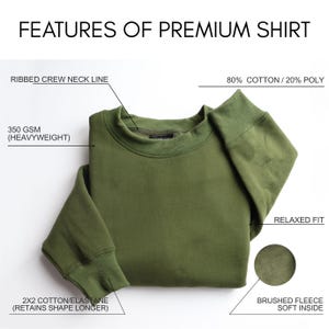 May include: An olive green sweatshirt with a ribbed crew neck and cuffs. The image highlights features like the 350 GSM heavyweight fabric, 80% cotton/20% poly blend, relaxed fit, and brushed fleece interior. The text reads "FEATURES OF PREMIUM SHIRT".
