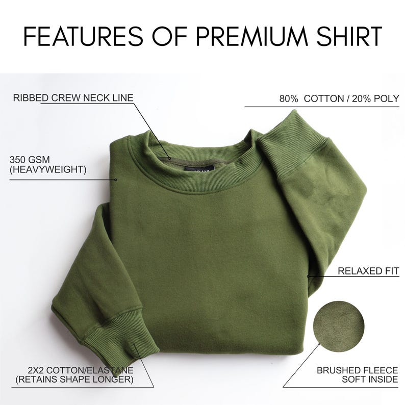 May include: An olive green sweatshirt with a ribbed crew neck and cuffs. The image highlights features like the 350 GSM heavyweight fabric, 80% cotton/20% poly blend, relaxed fit, and brushed fleece interior. The text reads "FEATURES OF PREMIUM SHIRT".