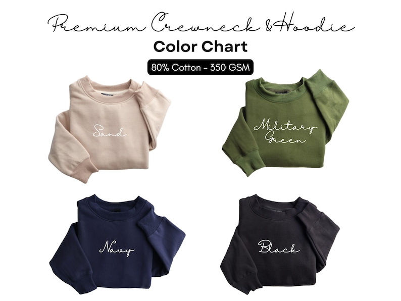 May include: Color chart of crewneck and hoodie sweatshirts in four colors: sand, military green, navy, and black. The text "Premium Crewneck & Hoodie" and "Color Chart" are at the top. The sweatshirts are made of 80% cotton and 350 GSM.