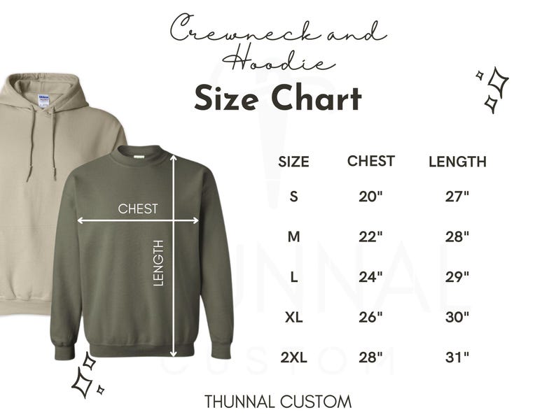 Puede incluir: Una tabla de tallas para sudaderas y sudaderas con capucha. La tabla muestra las medidas de pecho y largo en pulgadas para las tallas S a 2XL. Se muestra una sudadera verde y una sudadera con capucha color beige.