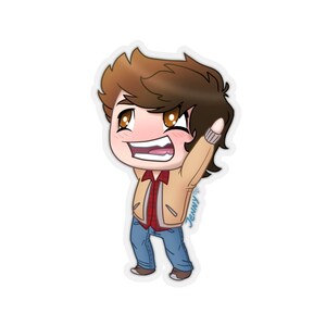 May include: A cartoon illustration of a person with brown hair wearing a tan jacket, red and white plaid shirt, blue jeans, and white sneakers. The person is smiling and has their arm raised in the air.