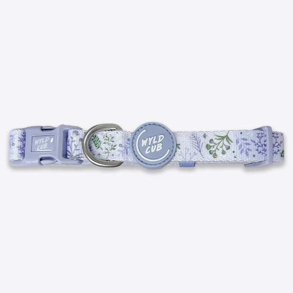 Adjustable, safe, cute, comfortable Dog and Puppy Collar in Grey Lilac Green Floral Wyld Cub 'Chiswick Thistle' for Small to Medium