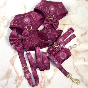 May include: A burgundy dog harness and leash set with a floral print and gold hardware. The set includes a harness with a bow, a leash, and a poop bag holder. The harness and leash have the text "WYLD CUB" printed on them.