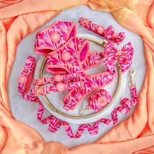 May include: A pink and orange dog harness with a matching leash, collar, and poop bag holder. The harness has a floral pattern and the text "WILD CLUB" on it.