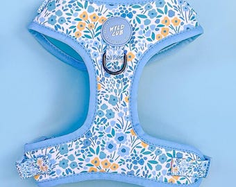 May include: A light blue dog harness with a floral pattern. The harness has a white background with blue and yellow flowers. The harness has a metal D-ring and the text "WYLD CUB" on a blue circle.