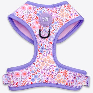 Adjustable Dog Harness in Floral Lilac and Pink for Extra Small Puppy to Medium and Large Breeds Comfortable Stylish