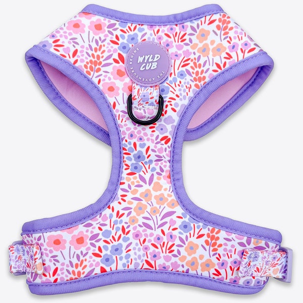 Harnais pour chien réglable en lilas floral et rose pour chiot de très petite taille à moyenne et grande race confortable et élégant