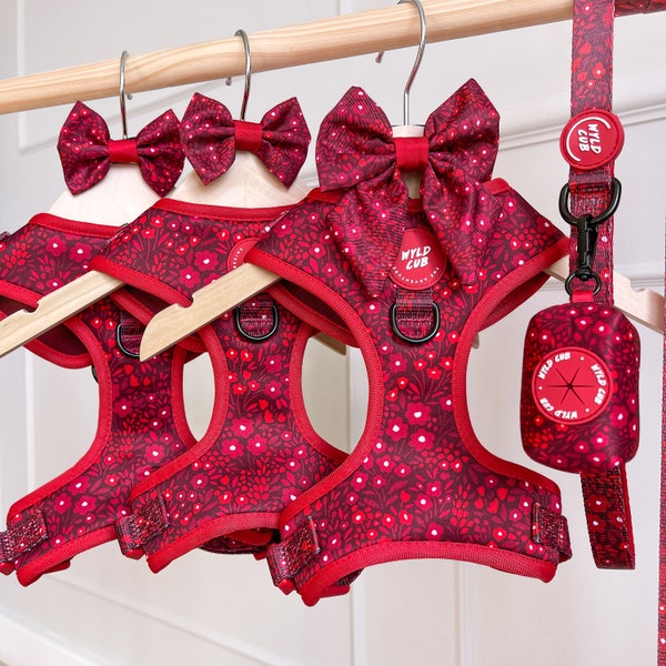 Adjustable Dog Harness in Floral Red Mulberry Extra Small Puppy to Medium and Large Breeds. Comfortable, safe and stylish
