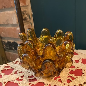 Vintage Murano Art Glass Nesting Bowls Hand Blown Amber Set of Two, Pulled Edge Graduated Size Set Of Two Stacking Bowl Trinket Dish