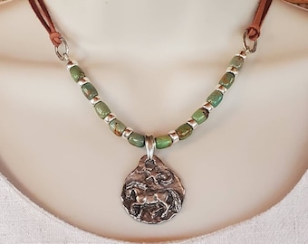 Turquoise and Leather Horse Necklace, Horse Moon and Stars Pendant, Turquoise Cowgirl Jewelry, Horse Lover Necklace, Silver Pony Studio