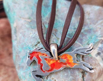 Pewter FireHorse Necklace: Brown Leather, Year of the Horse Jewelry