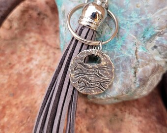 Pewter Horse Keychain, Purse Tassel, Gray Suede