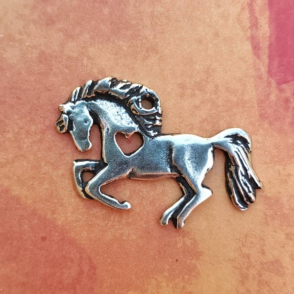 Running Horse Pendant, Horse with Heart Charm, Horse Jewelry, Arabian Horse Pendant, Equestrian Gift, Cowgirl, Silver Pony Studio
