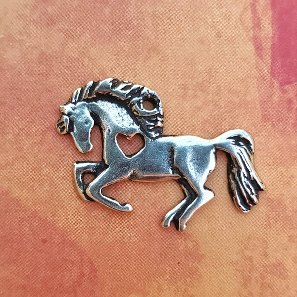 Pewter Running Horse Pendant: Heart Cutout Charm, Equestrian Gift