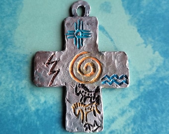 Petroglyph Pewter Cross Pendant: Primitive Horse Art Ornament
