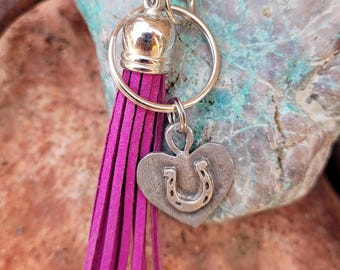 Pewter Horseshoe in Heart Key Chain, Magenta Pink Bag Tassel
