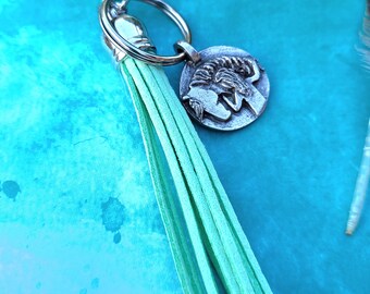 Girl and Horse Key Chain, Horse Lover, Mint Green Tassel Keychain, Backpack Charm, Gift for Horse Girl, Cowgirl Keychain, Silver Pony Studio