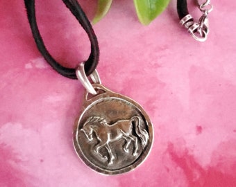 Piaffe Horse Medallion Necklace: Pewter Equestrian Jewelry