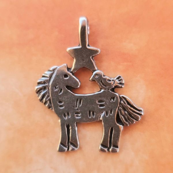 Horse with Bird and Star Pendant, Horse Jewelry, Rustic Horse Pendant, Horse Rescue, Gift for Cowgirl, Pony Lover, Silver Pony Studio