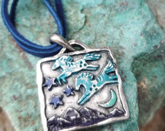 Pewter Horse Necklace: Blue Leather Cord, Moon & Stars Pendant