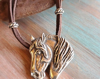 Pewter Horse Head Pendant: Equestrian Leather Necklace
