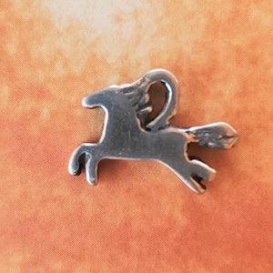 May include: Silver charm in the shape of a stylized horse, with a wing on its back, running to the right.