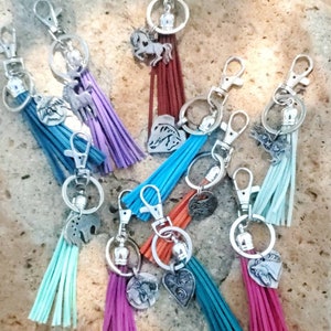 May include: A collection of eight keychains with colorful tassels. Each keychain features a silver charm with a horse design. The tassels are in various colors, including teal, purple, orange, red, and blue.
